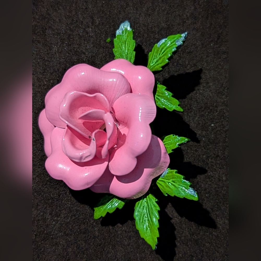 Pink Rose Brooch with Green Leaves